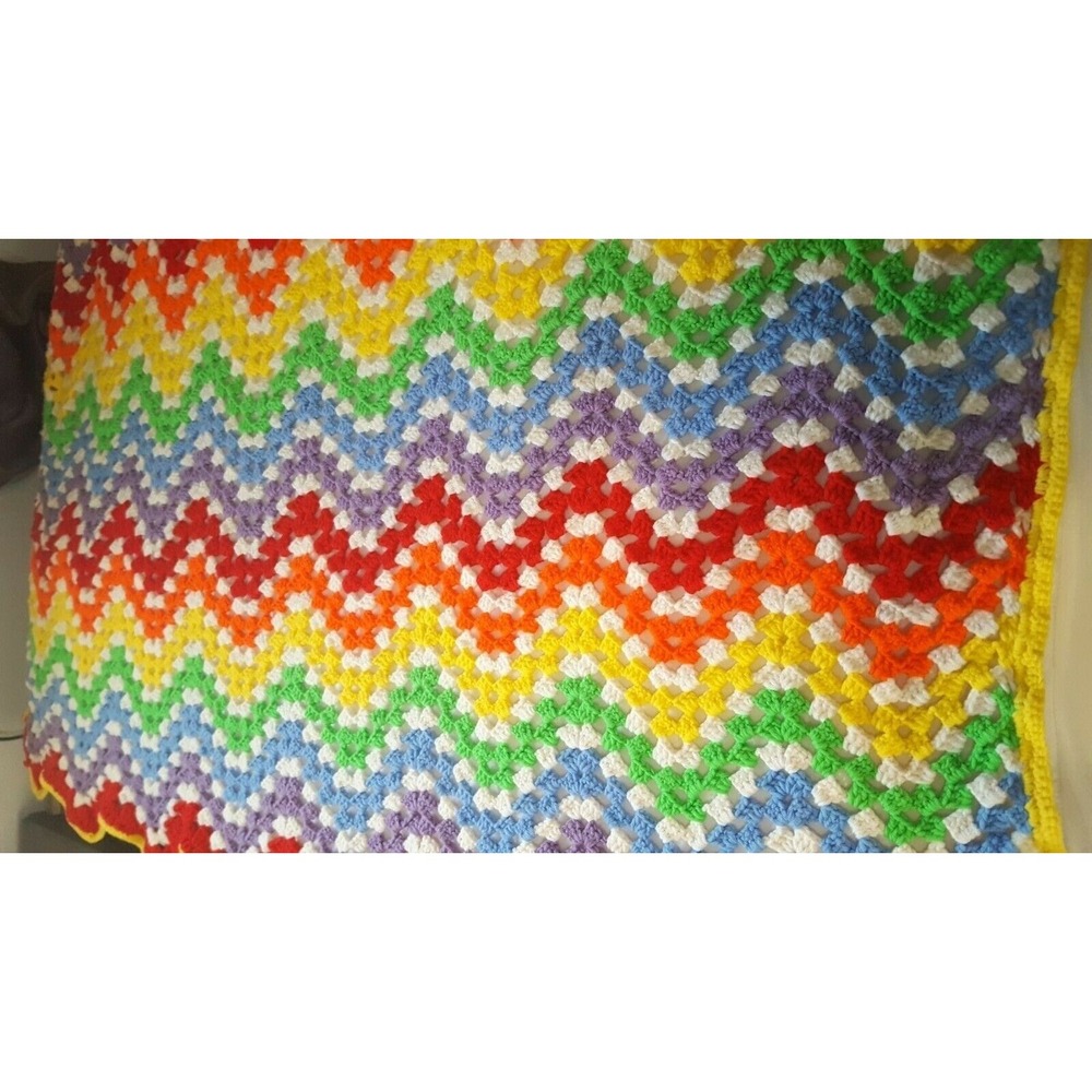 Vintage handmade crochet afghan rainbow zigzag stripe 50 X 68 chevron